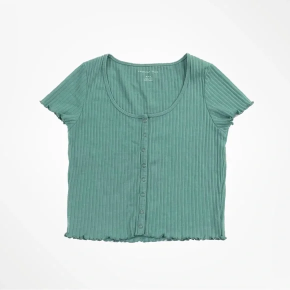 American Eagle Outfitters Ribbed Lettuce Edge Baby Tee Shirt Top - Picture 1 of 6